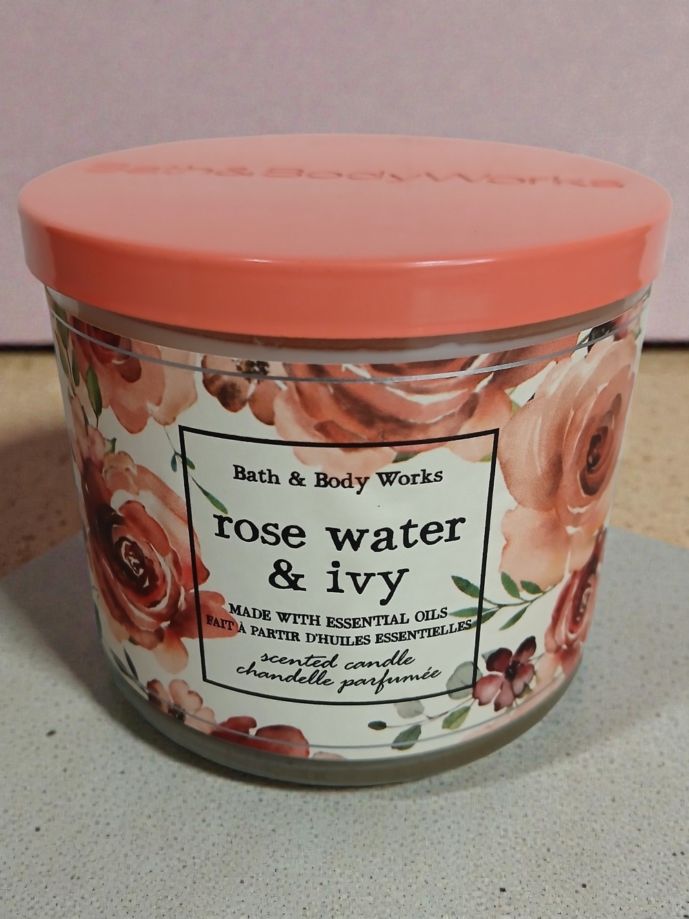 Bath & Body Works Rose Water & Ivy Scented Candle - Coral Pink Lid